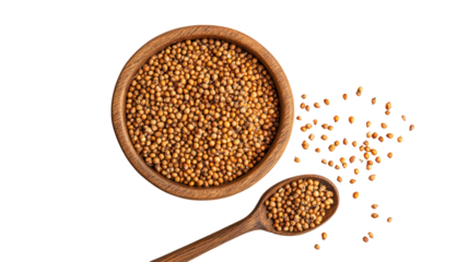 Sorghum seeds in a wooden bowl and spoon on transparent background