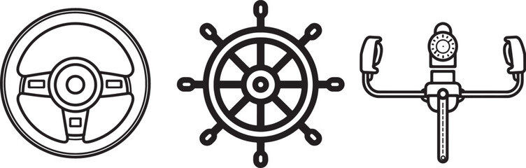Different Controls Line art. Airplane yoke, car and ship steering wheel