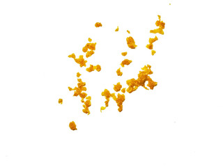 crispy fried flour crumbs flying on an isolated white background, for design, fried chicken. Fried popcorn chicken falling in the air isolated on white background.