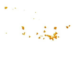 crispy fried flour crumbs flying on an isolated white background, for design, fried chicken. Fried popcorn chicken falling in the air isolated on white background.