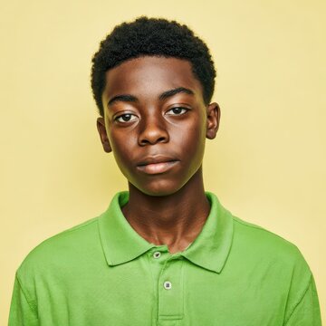 Confident Angolan teenage boy in a green shirt on a yellow background