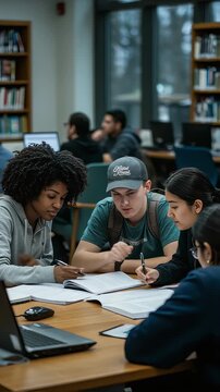 A team of students working together on an assignment in the library (vertical video)