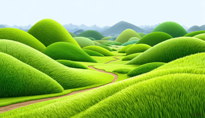 Green landscape featuring rolling grassy hills and a winding path