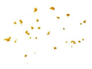 crispy fried flour crumbs flying on an isolated white background, for design, fried chicken. Fried popcorn chicken falling in the air isolated on white background.