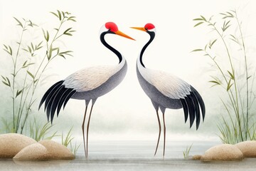 Fototapeta premium Two graceful cranes standing by a tranquil pond amid lush bamboo