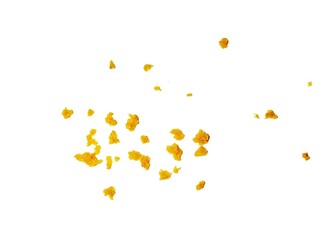 crispy fried flour crumbs flying on an isolated white background, for design, fried chicken. Fried popcorn chicken falling in the air isolated on white background.