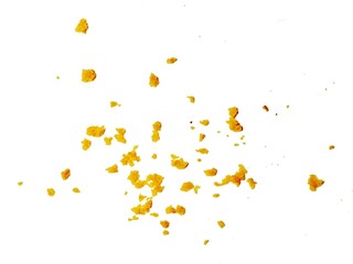 crispy fried flour crumbs flying on an isolated white background, for design, fried chicken. Fried popcorn chicken falling in the air isolated on white background.