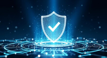Digital shield with checkmark and glowing circuit lines