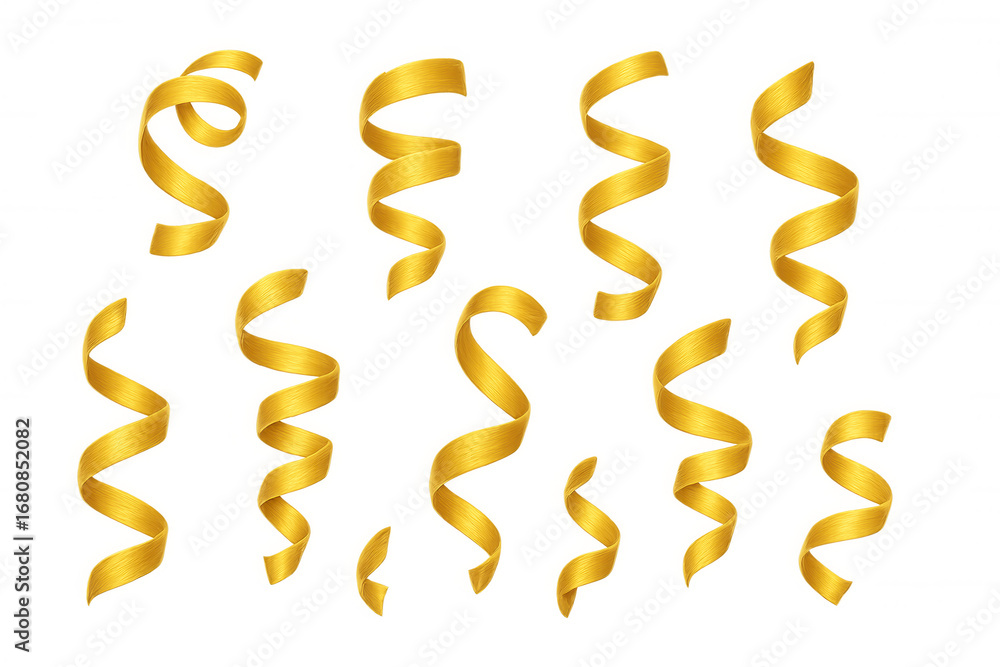 Poster golden curling ribbons cascading dynamically, floating freely against transparent backdrop, evoking 