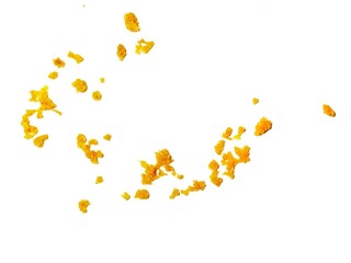 crispy fried flour crumbs flying on an isolated white background, for design, fried chicken. Fried popcorn chicken falling in the air isolated on white background.