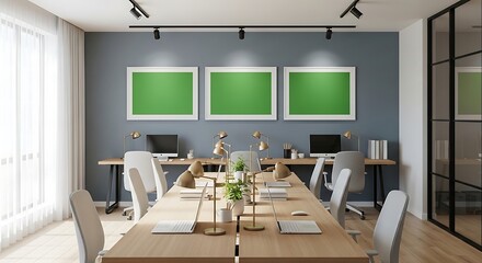 Modern Office Space with Green Screen Art and Natural Light from Sheer Curtains