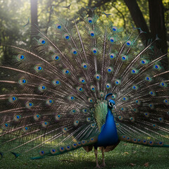 Fototapeta premium Majestic peacock displaying its vibrant plumage in a lush green forest on a sunny day