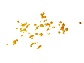 crispy fried flour crumbs flying on an isolated white background, for design, fried chicken. Fried popcorn chicken falling in the air isolated on white background.