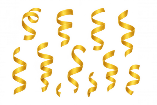 Golden curling ribbons cascading dynamically, floating freely against transparent backdrop, evoking celebratory mood