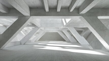 Obraz premium Abstract concrete structure with geometric beams and sunlight creating shadows architecture
