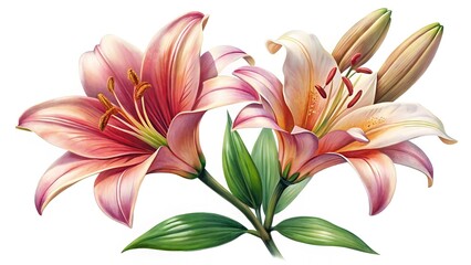 Detailed floral illustration of two vibrant pink and white lilies with green leaves