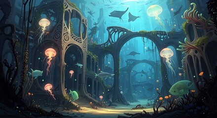 Submerged Ruins Underwater Cityscape.