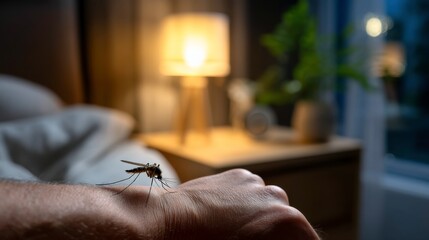 Evening encounter with a mosquito in a cozy bedroom indoor close-up serene nature's intrusion