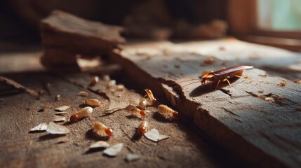Fototapeta premium Termite activity on wood surface indoor environment macro photography natural habitat close-up perspective