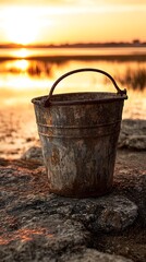 Fototapeta premium bucket, rustic, water, sunset, country, vessel, during, evening, hours, vintage, container, twilight, illumination, aged, receptacle, under, golden, hour, glow, traditional, pail, amid, dusk, atmosphe