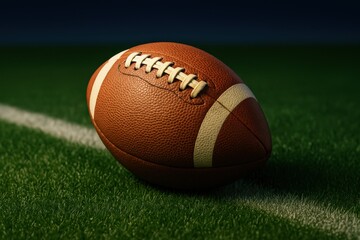 Fototapeta premium Football resting on field line under lights. Perfect for NFL promotions, game-day marketing, sports journalism and athletic branding 