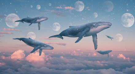 Whales gracefully swim through a dreamlike sky with moons