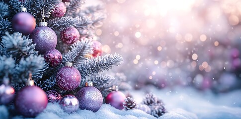 Close up of frosted pine branches with purple Christmas ornaments and falling snow baubles