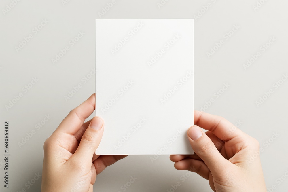 Aufkleber person holding blank white card mockup with both hands on light background for branding or presentat