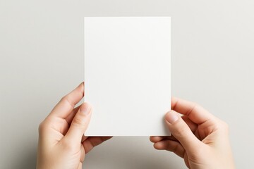 Person holding blank white card mockup with both hands on light background for branding or presentation design concept template space. Ai generative