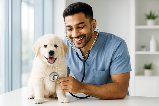 Smiling veterinarian examining happy golden retriever puppy with stethoscope in bright modern clinic interior with soft light background. Ai generative