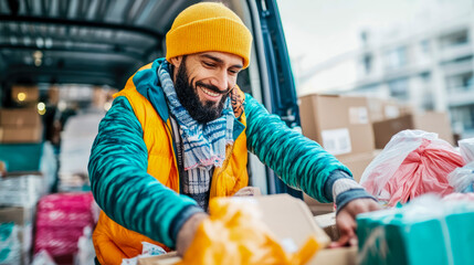 Smiling bearded man in yellow beanie and colorful winter gear diligently sorts packages and boxes for shipping or distribution from delivery van