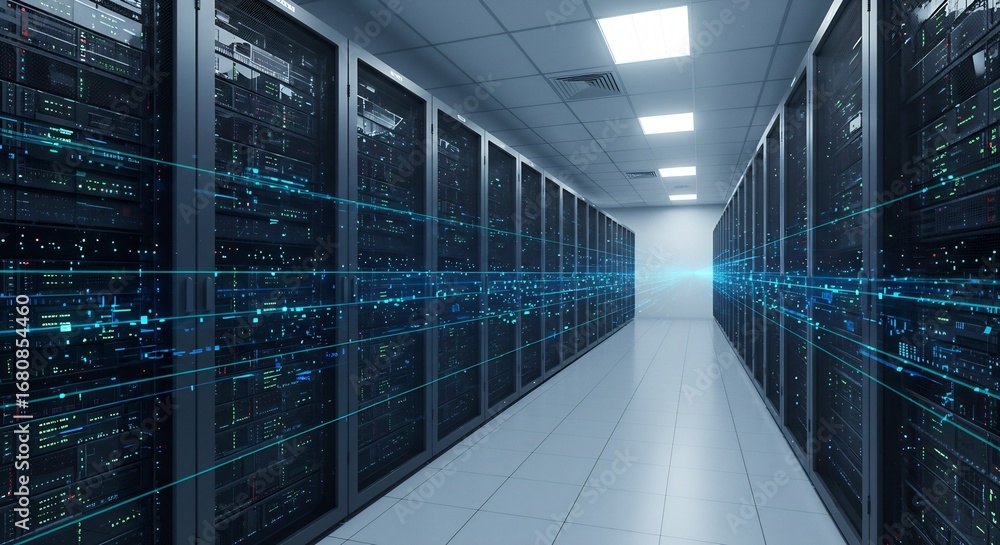 Aufkleber a data center hallway with rows of server racks emitting blue data lines