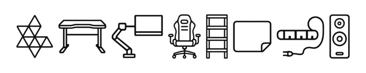 Gamer Set With Table Chair And Other Items Vector Outline Icon Set