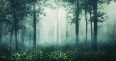 Fototapeta premium Misty Forest Morning With Soft Green Grass and Wildflowers Gently Swaying in the Breeze