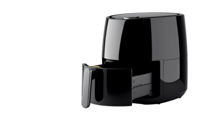 Sleek Black Air Fryer with Removable Basket on Transparent Background
