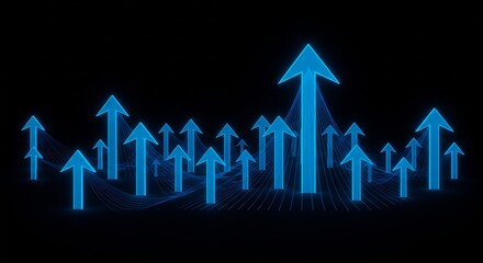 Naklejka premium Blue glowing arrows pointing upwards against a black backdrop