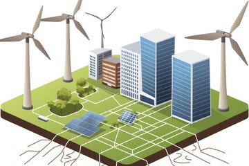 Isometric vector illustration of buildings with solar panels and wind turbines with green letters for renewable energy theme design