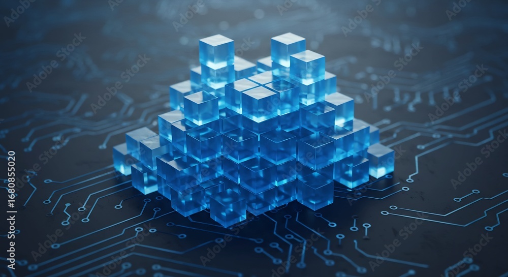 Poster blue translucent cubes stacked in a pyramid shape on a circuit board background