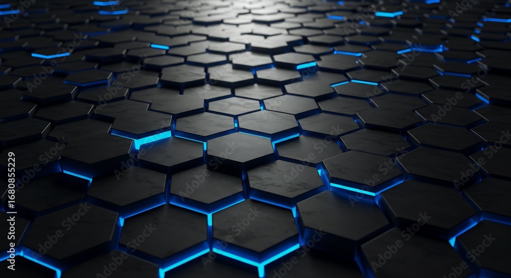 Aufkleber angled view of dark grey hexagonal tiles with blue glowing edges tiles are arranged in a grid-like p