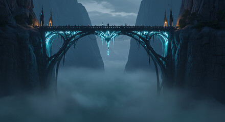 Mystical bridge over misty canyon with glowing turquoise lights
