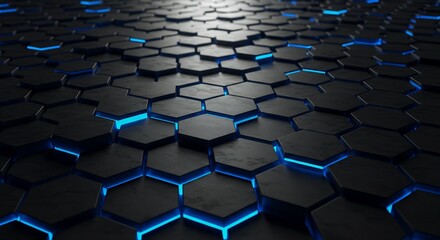 Naklejka premium Angled view of dark grey hexagonal tiles with blue glowing edges Tiles are arranged in a grid-like pattern