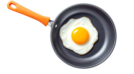 Frying Pan with Perfectly Fried Egg and Orange Handle isolated on White Background