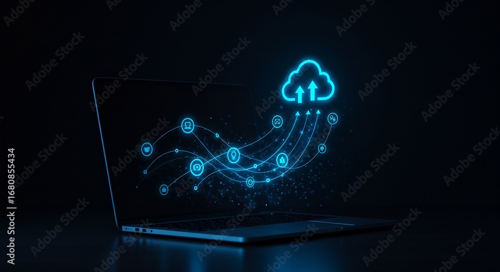 Poster a laptop displaying a blue cloud icon with upward arrows interconnected with various icons