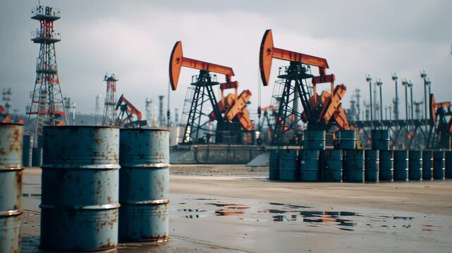Oil business and fuel extraction barrels in a row. Petrol industrial containers.