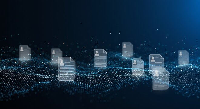 Abstract composition Documents with silhouette icons Blurry dark blue background Dotted light-wave pattern Connected dots