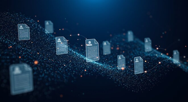 Digital resumes float in a blue-lit space  Connected by lines they form a wave-like pattern