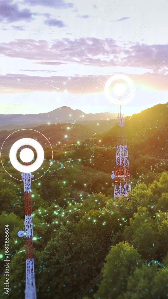 Poster telecom towers beaming signal particles across a green forest at dawn, captured in vertical format w
