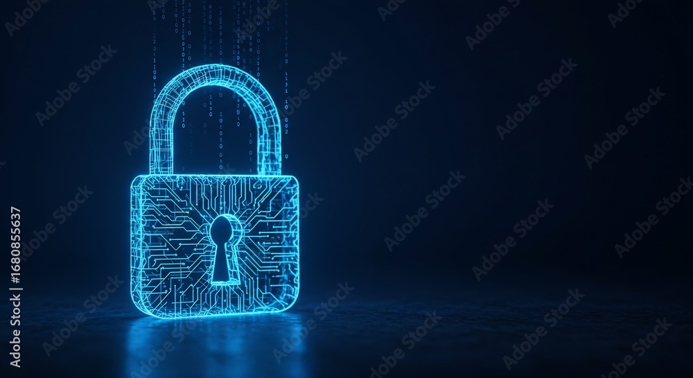 Poster a glowing blue padlock graphic circuitry pattern binary code falling dark background and a textured 