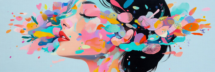 Expressive painting of serene woman's side profile with closed eyes, her essence blooming into vibrant, abstract cascade of colorful paint strokes, petals, and organic shapes on soft blue background
