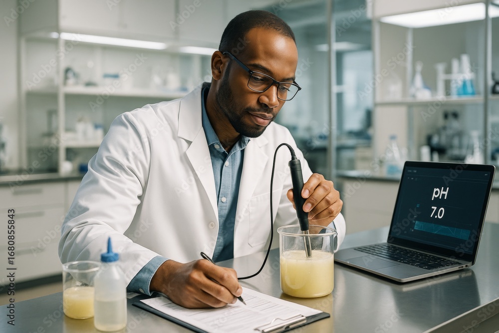 Poster scientist measuring ph of liquid sample in laboratory while taking notes beside laptop displaying ph